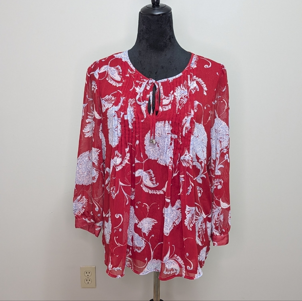 Tommy Hilfiger Red and White Floral Blouse Sz Med Light Flowy